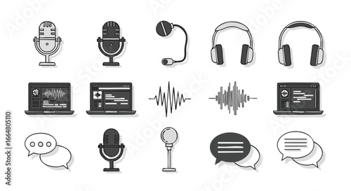 Collection of podcasting and audio recording equipment in outline vector style presenting broadcasting and digital audio production elements