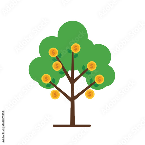 A stylized illustration of a money tree with gold coins representing wealth and financial growth.