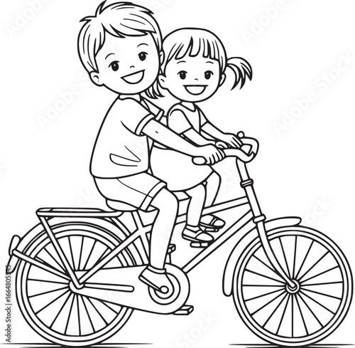 Joyful Bicycle Ride: A cheerful boy and girl share a bicycle, their laughter echoing in the open air, representing the joy of childhood, togetherness, and simple pleasures.