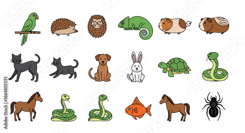 Delightful pet companions collection, featuring an array of charming and endearing animals in a colorful and cheerful cartoon style illustration