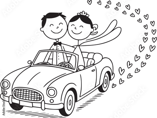 Newlyweds' Joyride of Love: Charming illustration of a newly married couple joyfully cruising away in a classic car, a trail of whimsical hearts trailing behind.