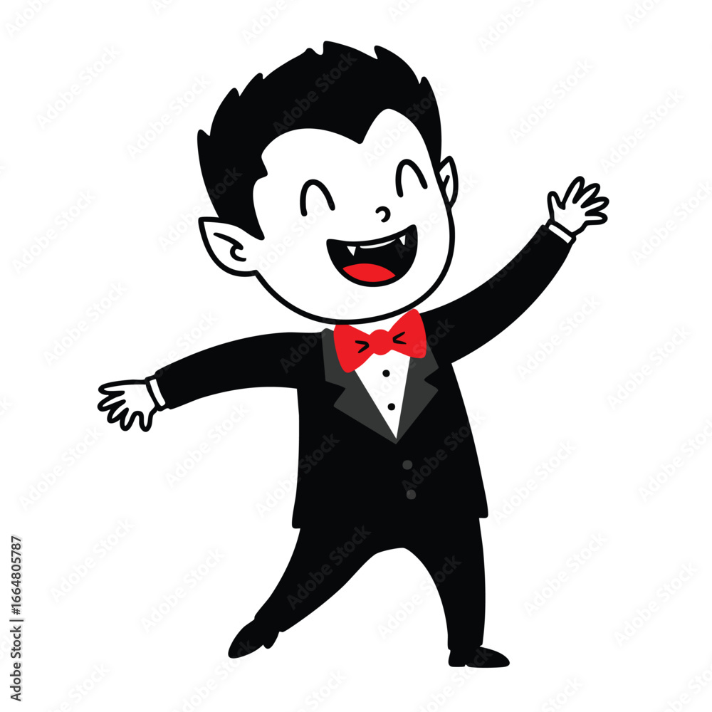 A cute cartoon vampire child dressed in a black tuxedo with a red bow tie, smiling and waving. A cute cartoon vampire child dressed in a black tuxedo with a red bow tie, smiling and waving.