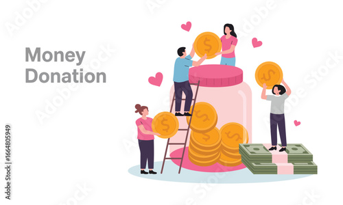 Illustration of people donating coins into a large jar with hearts, symbolizing generosity, fundraising, and charitable financial support