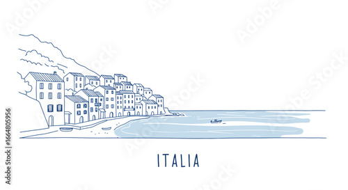 Coastal italian village with cliffside architecture in linear art style