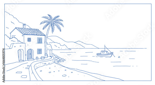 Coastal house with palm tree and boat in simple line art style
