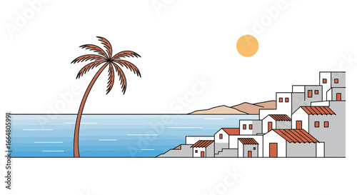 Mediterranean coastal landscape with palm and sun in minimalist style