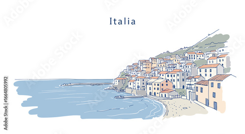 Coastal italian village scenic landscape with ocean view and colorful houses in hand drawn style