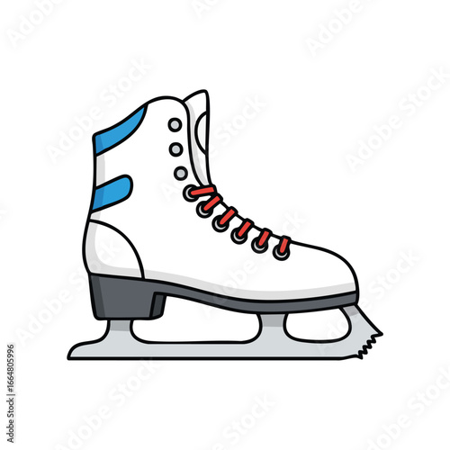 Detailed illustration of a white ice skate with red laces and a silver blade, ready for winter sports.