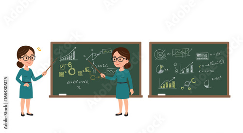 Cartoon teacher explaining math concepts on chalkboard