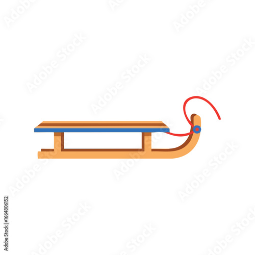 A simple wooden sled with a red rope for pulling it on the snow.
