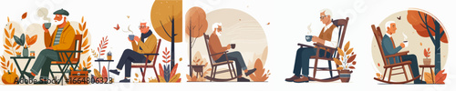 vector of a grandfather drinking warm coffee in autumn