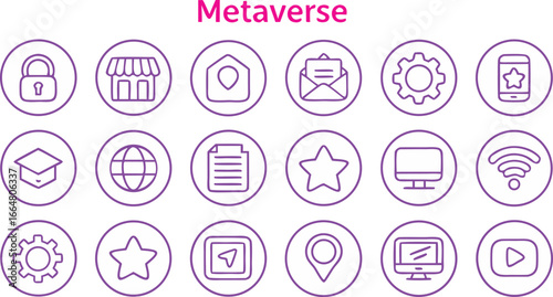 Collection of metaverse icons and symbols in purple outline style
