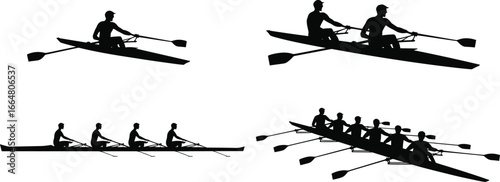 Silhouettes of single, double, quad, and eight-person rowing teams, sculling and sweep boats, competitive crew sport vector illustration, water racing concept