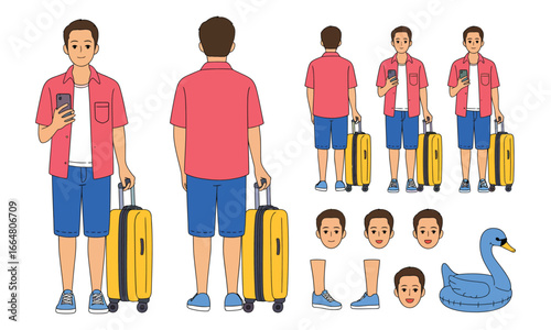 Character design sheet of young traveler in red shirt with suitcase, phone, and inflatable duck, featuring multiple poses and expressions