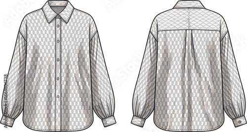 Cad drawing flat vector illustration, long sleeve shirt front back view, checkered pattern, quilted yoke, fashion design template