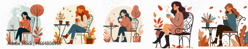 vector of a woman drinking warm coffee in autumn
