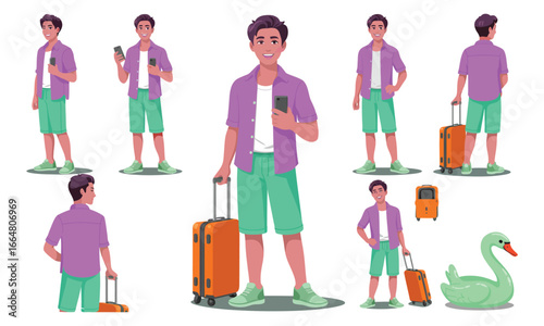 Character design sheet of young man in casual travel outfit with multiple poses, accessories, and inflatable swan for animation and illustration