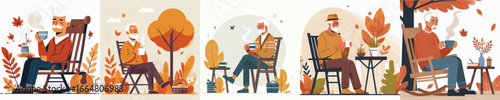 vector of a grandfather drinking warm coffee in autumn
