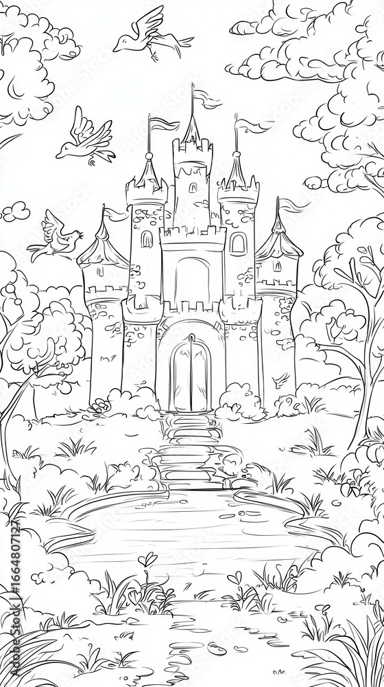 Fototapeta premium Whimsical fairy tale castle coloring book page, featuring a magical castle with tall towers, surrounded by a moat, trees, and flying birds, easy to color, 