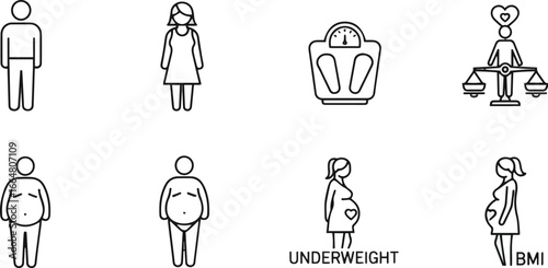 Isolated a People body different weights line icon set. Vector pictograms of figure, scale, overweight, underweight, pregnant, BMI, health, vector art silhouette with white background.