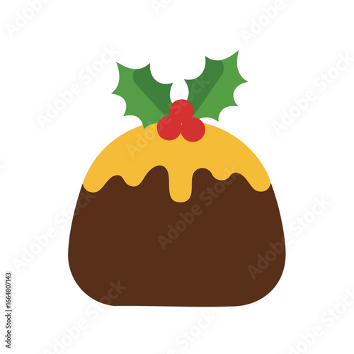 Festive Christmas pudding with holly and berries on top, isolated.