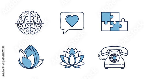 Collection of graphic icons representing brain health, affection, problem solving, spiritual growth, and vintage communication depicting overall