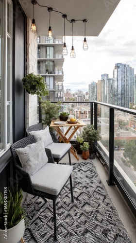 Urban balcony with seating, plants, and city views