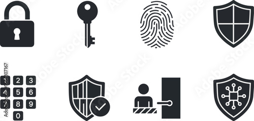 Isolated a Security and privacy icon set. Vector glyph pictograms of lock, key, fingerprint, shield, passcode, protection, access control, cybersecurity vector art silhouette with white background..