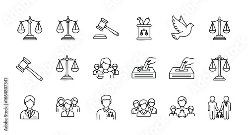 Line Art Collection: Justice System, Legal Process and Civic Engagement Concepts Represented in Symbolic Iconography
