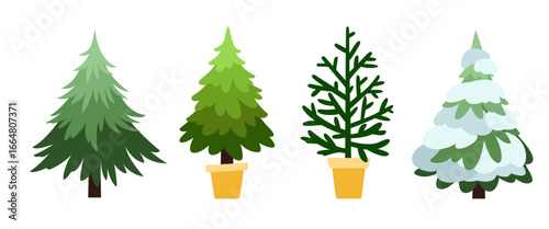 Trendy set of cute hand drawn Christmas trees. New Year illustration isolated on white background. Elements for design and decoration. Ecological cultivation of spruce trees.