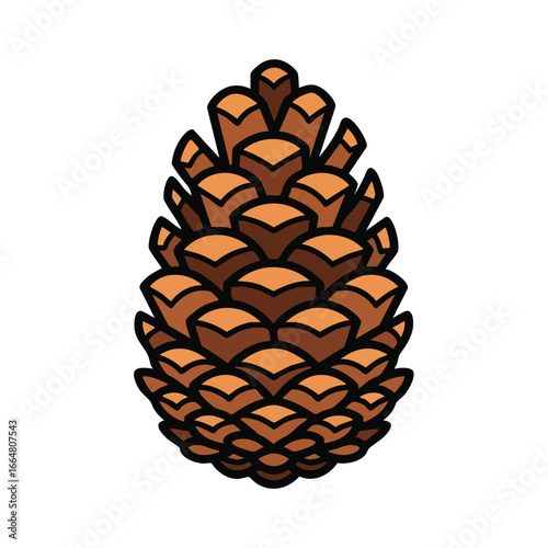 Illustration of a brown pinecone with detailed scales and a dark outline.