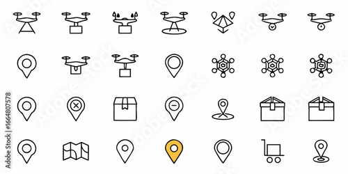 Illustration showing multiple drones, location pins, packages, and a map in a line art style design