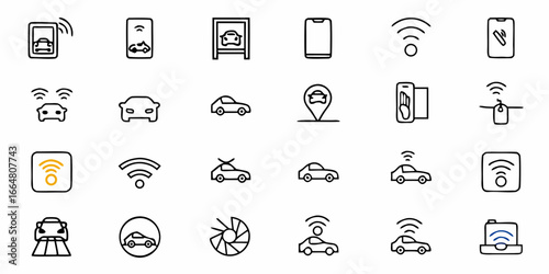 Collection of car related icons including smart car features and parking assistance and smartphone usage