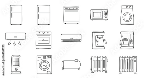 Collection of household appliances icons, including refrigerator, oven, washing machine, and heaters, suitable for home essentials illustrations
