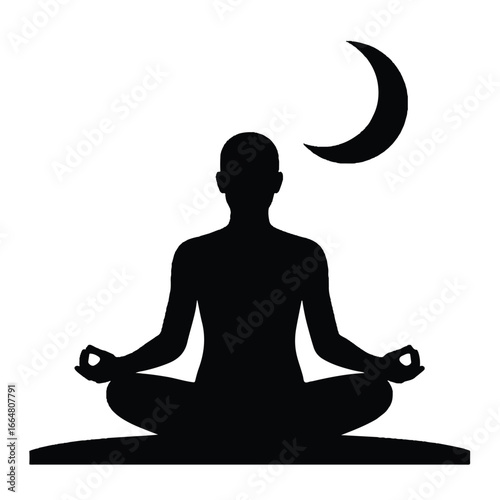 Silhouette of a person meditating under a crescent moon