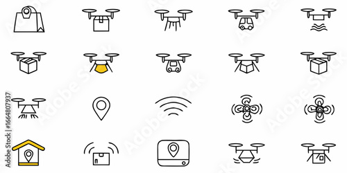 Illustration showing various drone designs and delivery icons in a minimalist outline style format