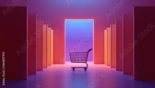 Empty shopping cart in a vibrant, neon-lit interior space.