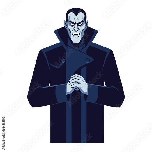 A stylized illustration of a formidable vampire with pale skin, red eyes, and a high-collared dark coat.