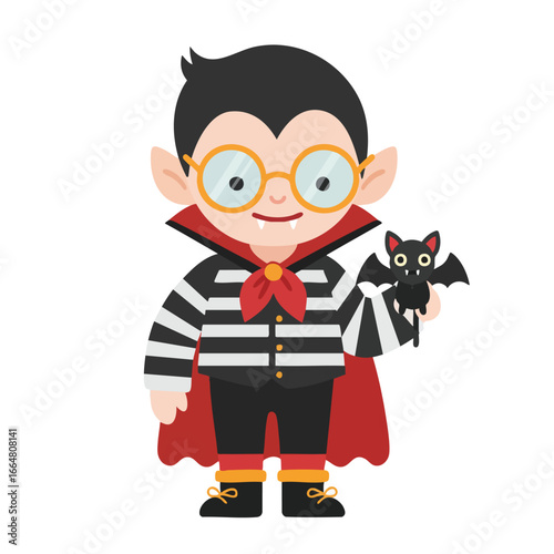 A cute cartoon boy dressed as a vampire holding a small bat for Halloween.