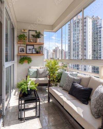 Sunny balcony with modern furniture and city view