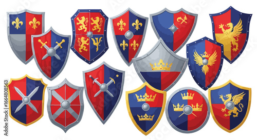 Collection of vividly designed heraldic shields representing medieval valor, nobility, and strategic defense against adversaries from bygone eras