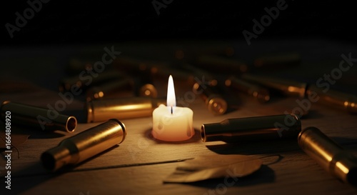 Memorial candle burning amongst empty bullet casings on a wooden table, a concept of war