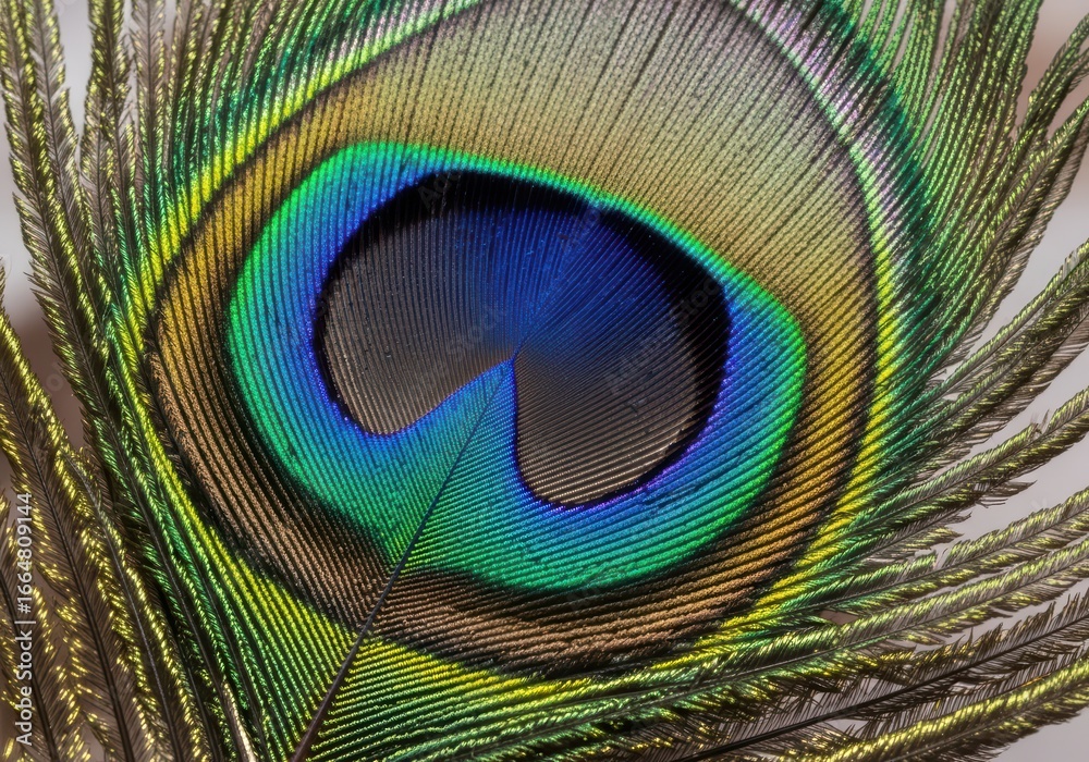 Naklejka premium Close up of colorful peacock feather showing detailed eye pattern