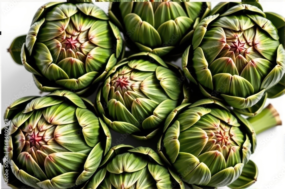 Obraz premium Fresh artichokes, vibrant green, isolated on white. Perfect for culinary or health-related content. Close-up view showcasing texture and detail, produce, detail
