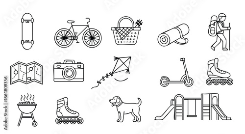 Line Art Icons Representing Diverse Outdoor Activities and Recreational Elements, Ideal for Summer Fun and Leisure Pursuits