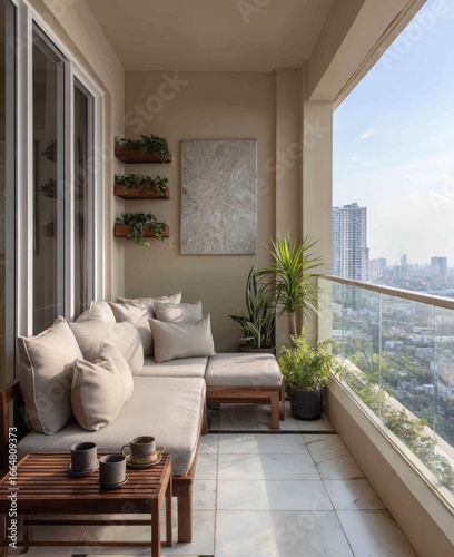 Beige modern balcony with city view