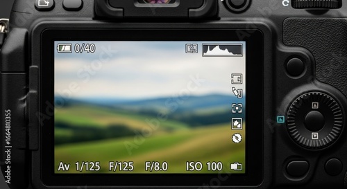 Wallpaper Mural DSLR camera back showing blurred landscape image with info and settings displayed Torontodigital.ca