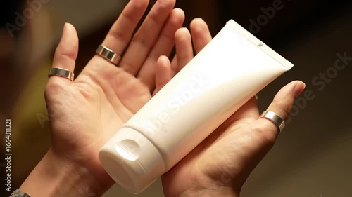 Hands hold a white tube of product