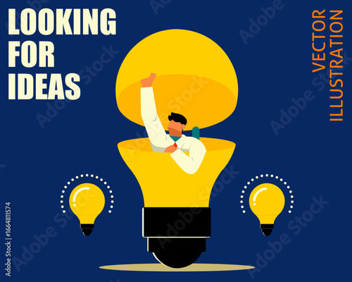 Illustration of a businessman inside a giant light bulb, symbolizing creativity, brainstorming, and searching for innovative ideas in business and problem-solving.