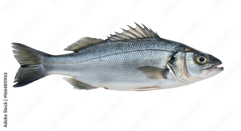 Fototapeta premium A single sea bass fish isolated on white background, ready for culinary preparation